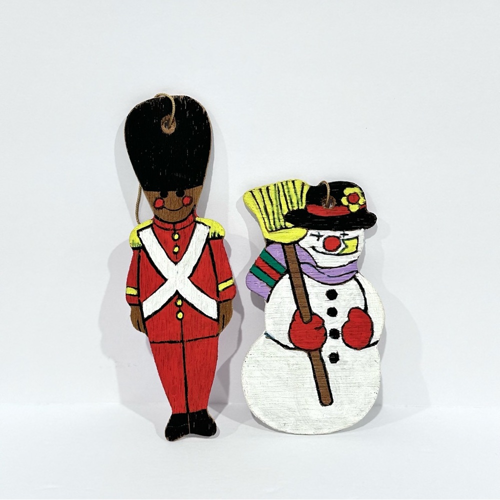 Vintage Wooden Painted Soldier and Snowman Ornaments